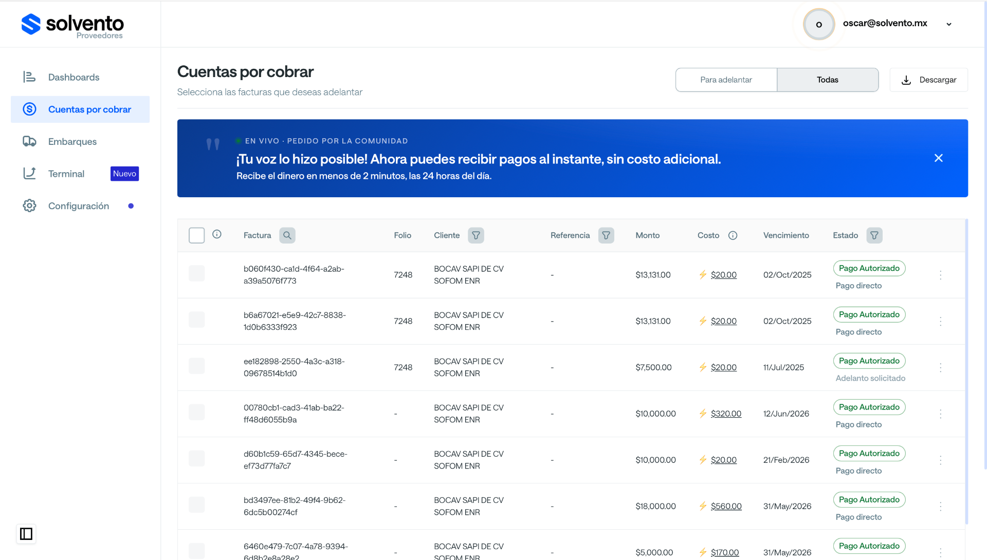 Cuentas por cobrar en Solvento